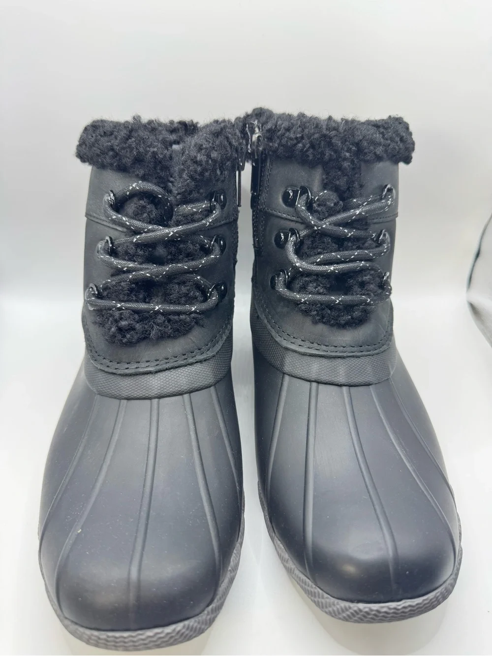 Sperry Black Lace-Up Faux Shearling Rain Boot
